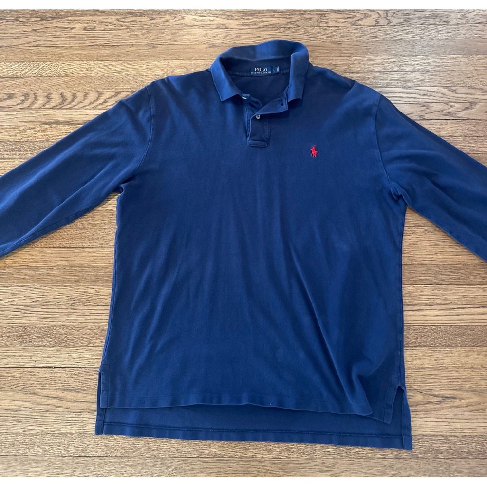 Polo Ralph Lauren Mens Navy Blue Long Sleeve Pique Polo Shirt Red Pony Size L